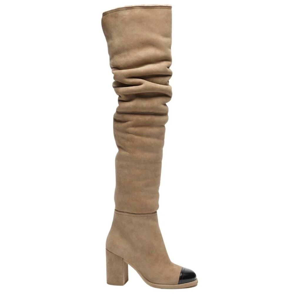Chanel 24K Runway Beige Suede Shearling Fur Thigh High OTK Block Heel Boots 37